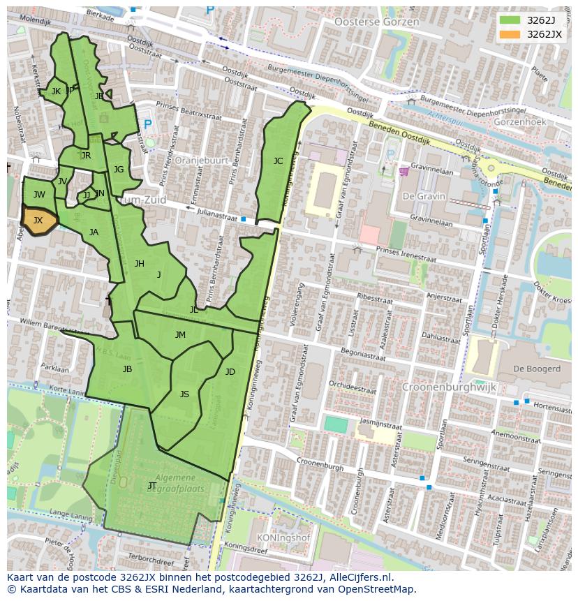 Afbeelding van het postcodegebied 3262 JX op de kaart.