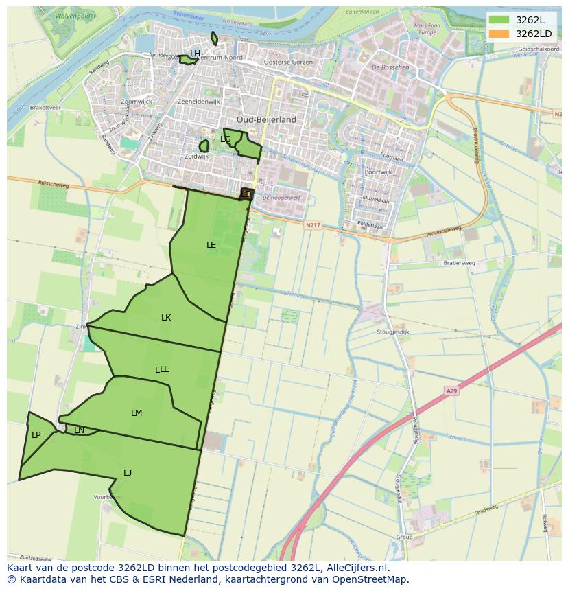 Afbeelding van het postcodegebied 3262 LD op de kaart.