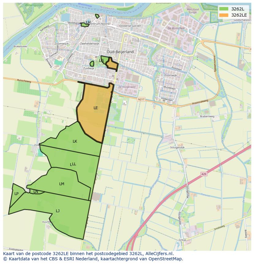 Afbeelding van het postcodegebied 3262 LE op de kaart.