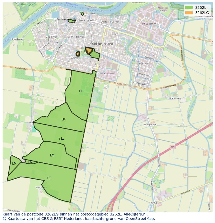 Afbeelding van het postcodegebied 3262 LG op de kaart.
