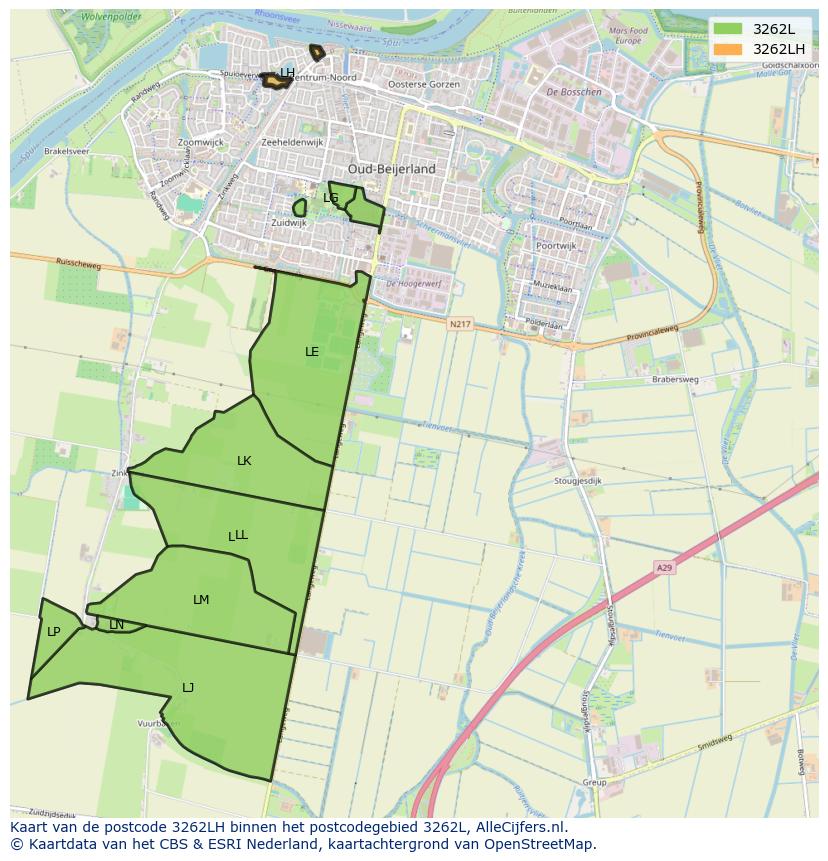 Afbeelding van het postcodegebied 3262 LH op de kaart.