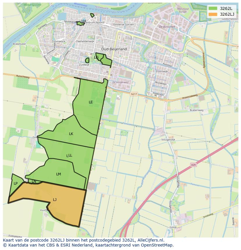 Afbeelding van het postcodegebied 3262 LJ op de kaart.