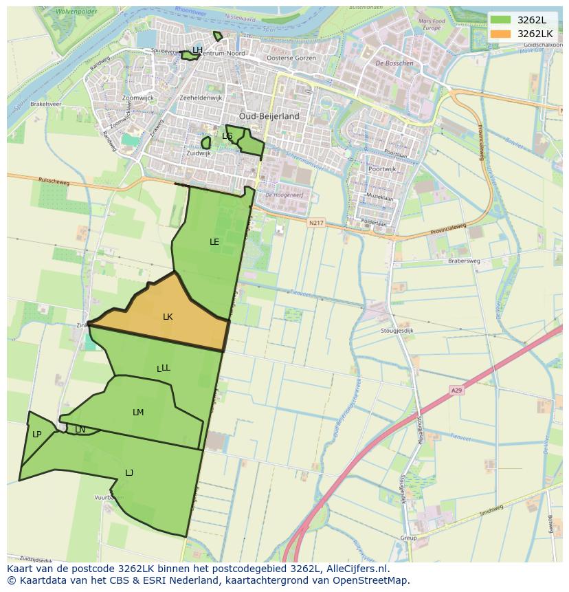 Afbeelding van het postcodegebied 3262 LK op de kaart.