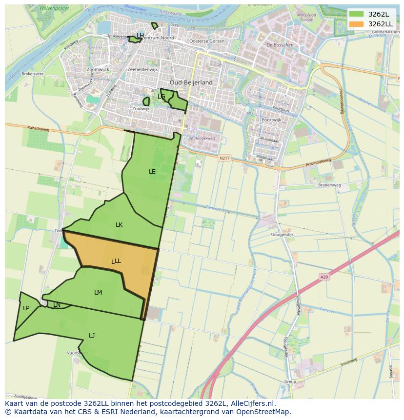 Afbeelding van het postcodegebied 3262 LL op de kaart.