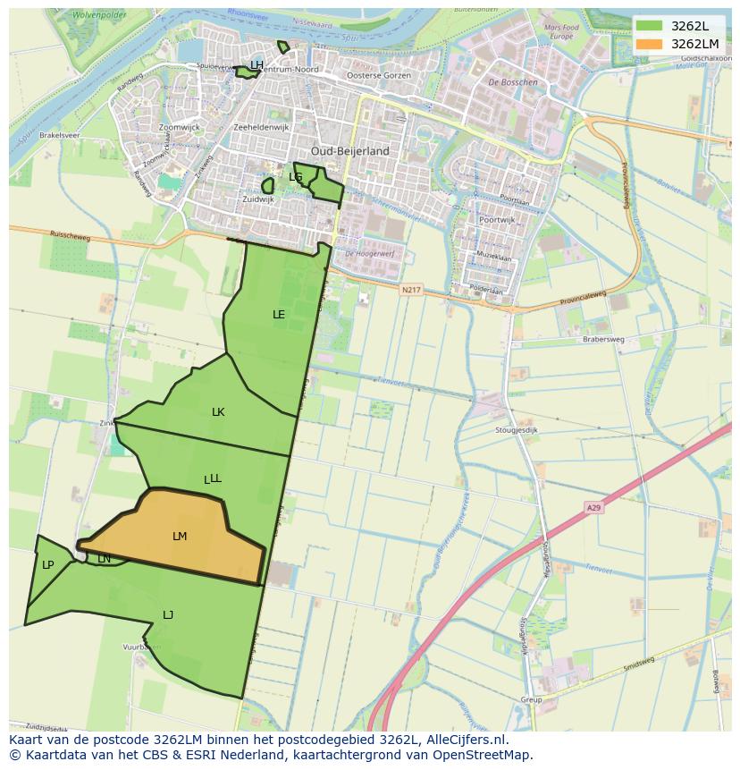Afbeelding van het postcodegebied 3262 LM op de kaart.
