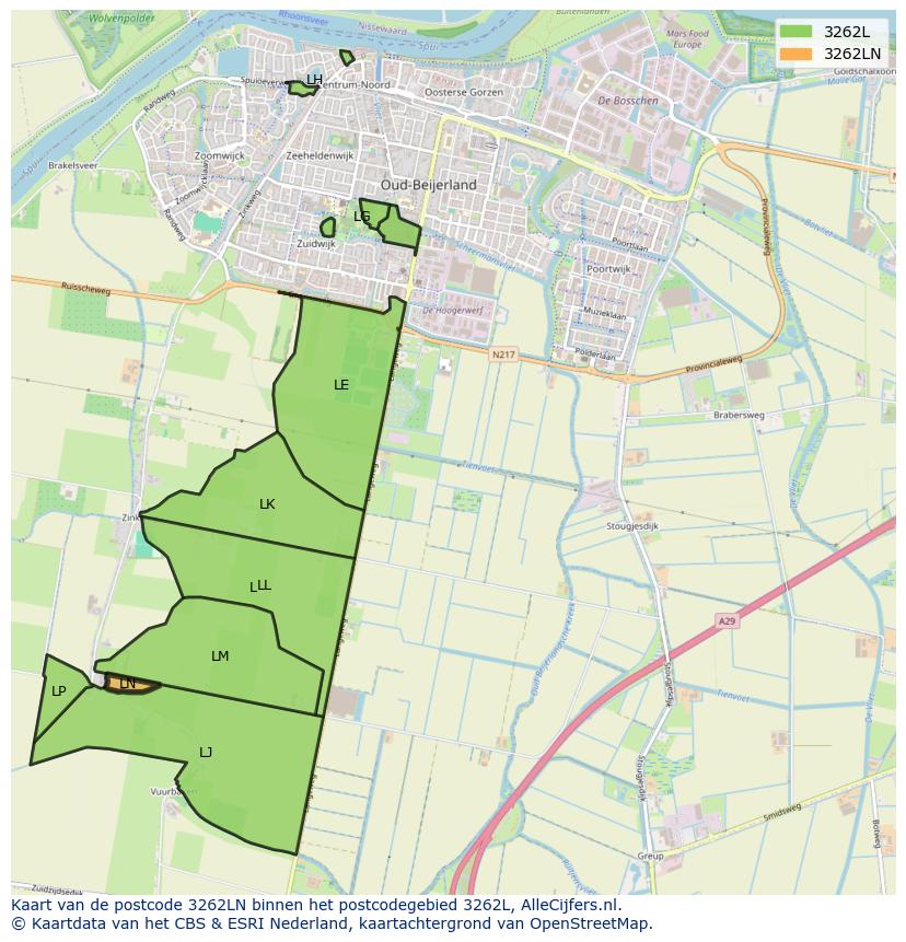 Afbeelding van het postcodegebied 3262 LN op de kaart.