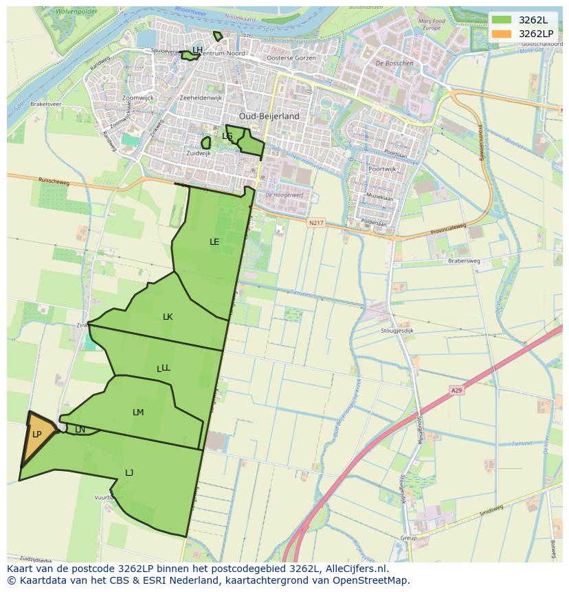 Afbeelding van het postcodegebied 3262 LP op de kaart.