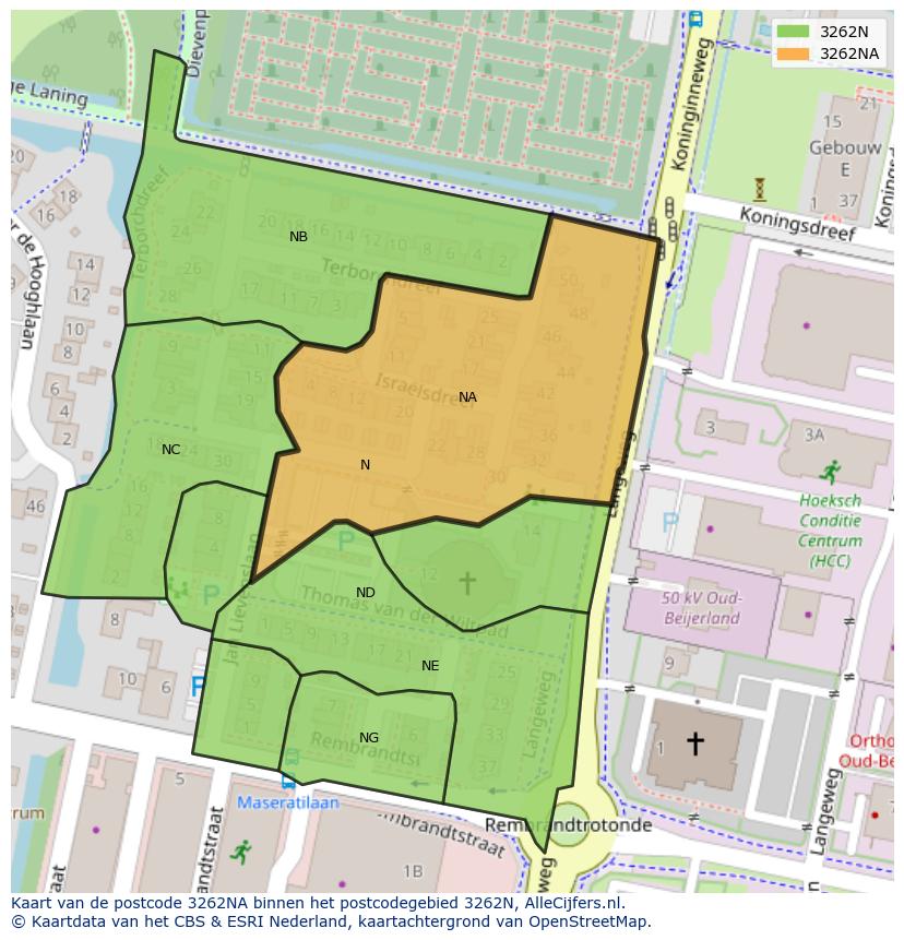 Afbeelding van het postcodegebied 3262 NA op de kaart.