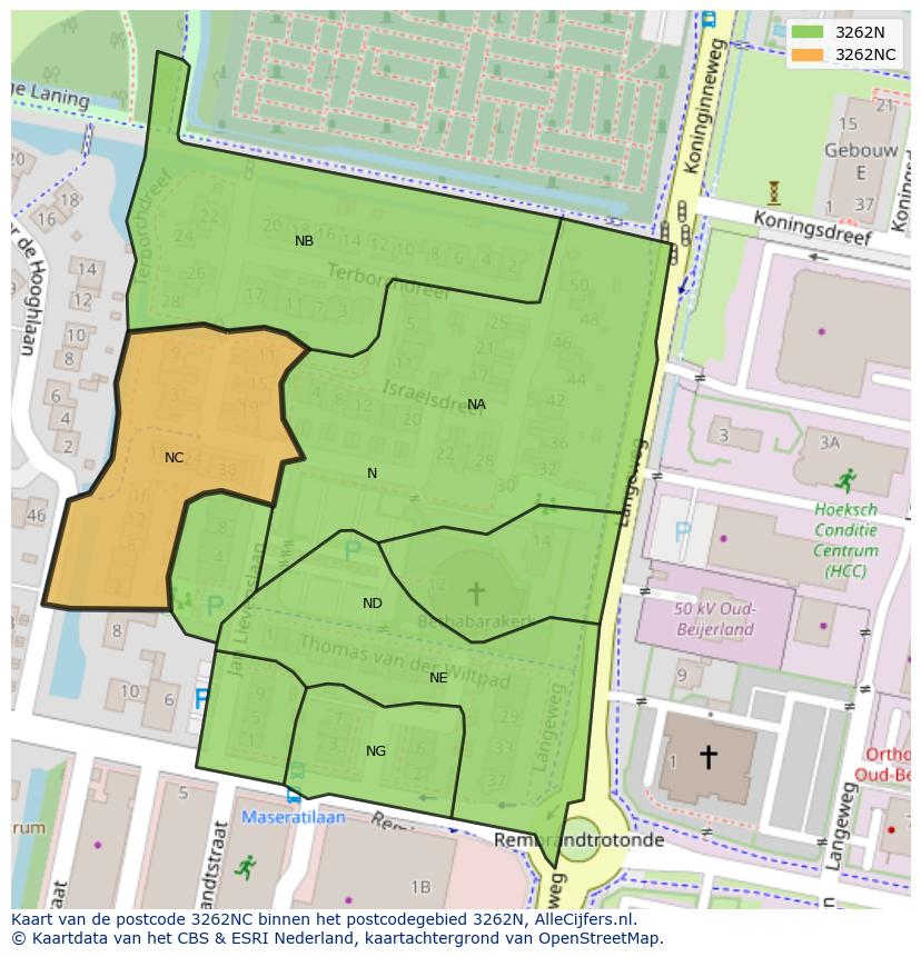 Afbeelding van het postcodegebied 3262 NC op de kaart.