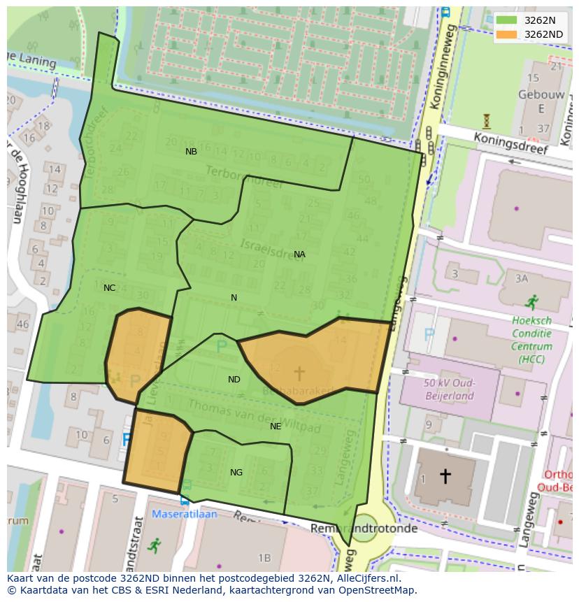 Afbeelding van het postcodegebied 3262 ND op de kaart.