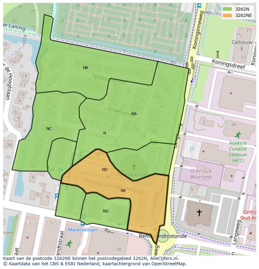 Afbeelding van het postcodegebied 3262 NE op de kaart.