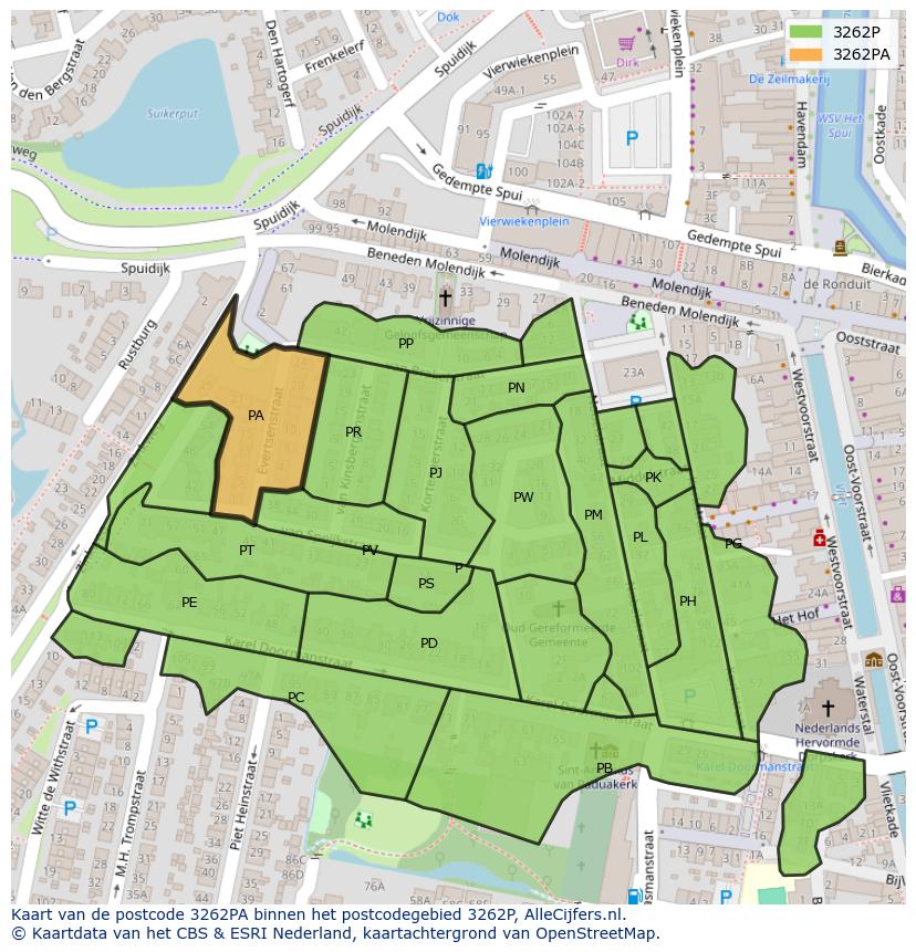 Afbeelding van het postcodegebied 3262 PA op de kaart.