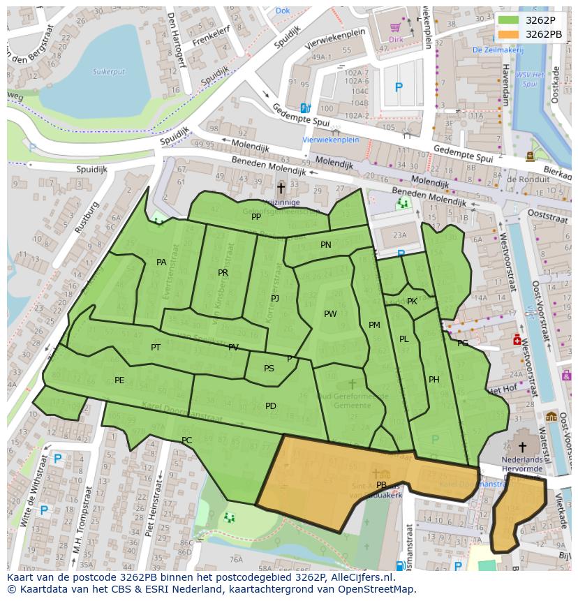 Afbeelding van het postcodegebied 3262 PB op de kaart.
