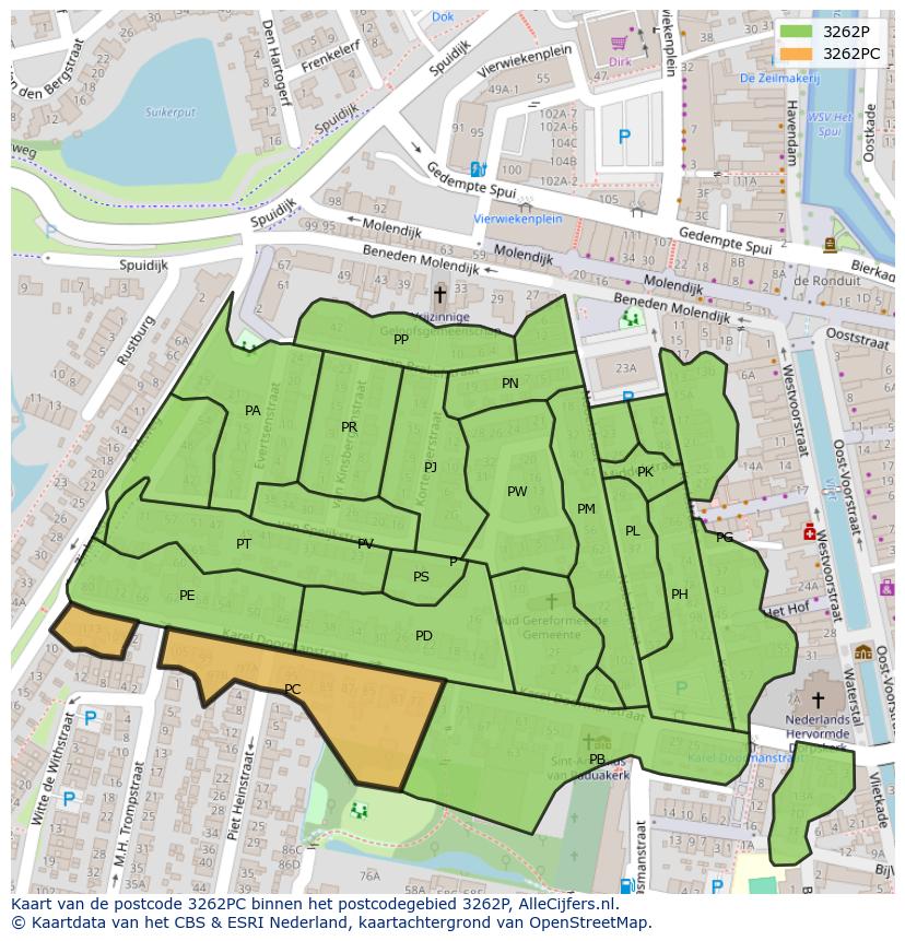 Afbeelding van het postcodegebied 3262 PC op de kaart.