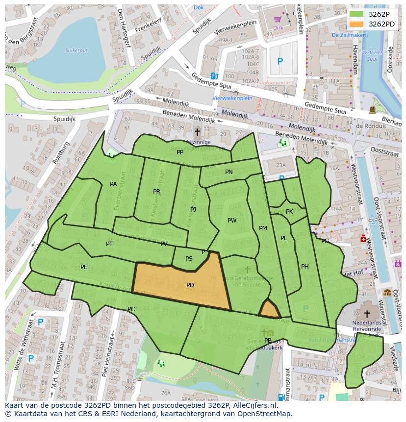 Afbeelding van het postcodegebied 3262 PD op de kaart.