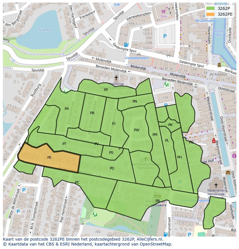Afbeelding van het postcodegebied 3262 PE op de kaart.