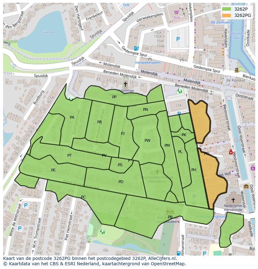 Afbeelding van het postcodegebied 3262 PG op de kaart.