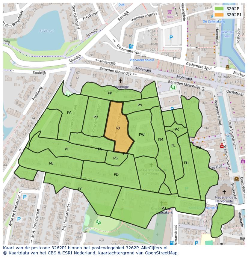 Afbeelding van het postcodegebied 3262 PJ op de kaart.