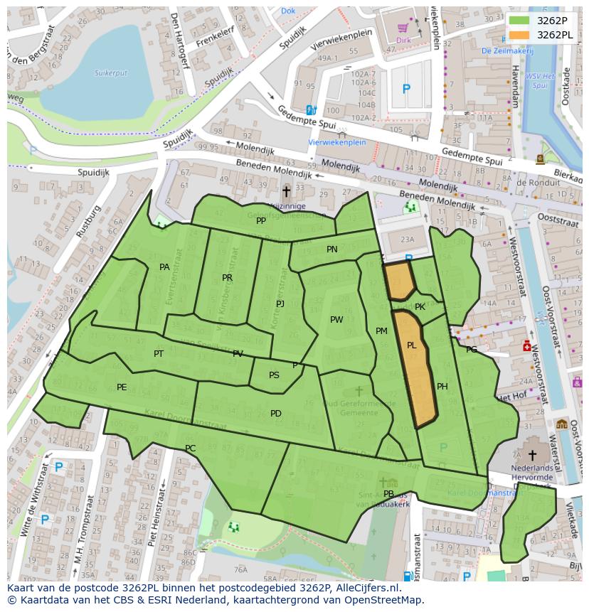 Afbeelding van het postcodegebied 3262 PL op de kaart.