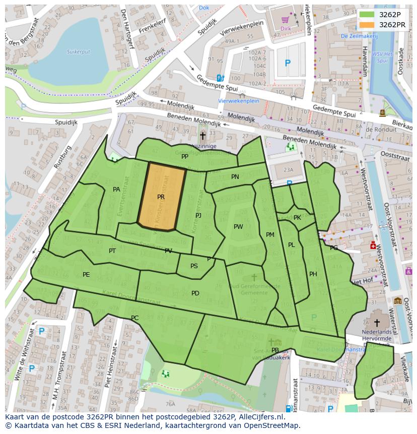 Afbeelding van het postcodegebied 3262 PR op de kaart.