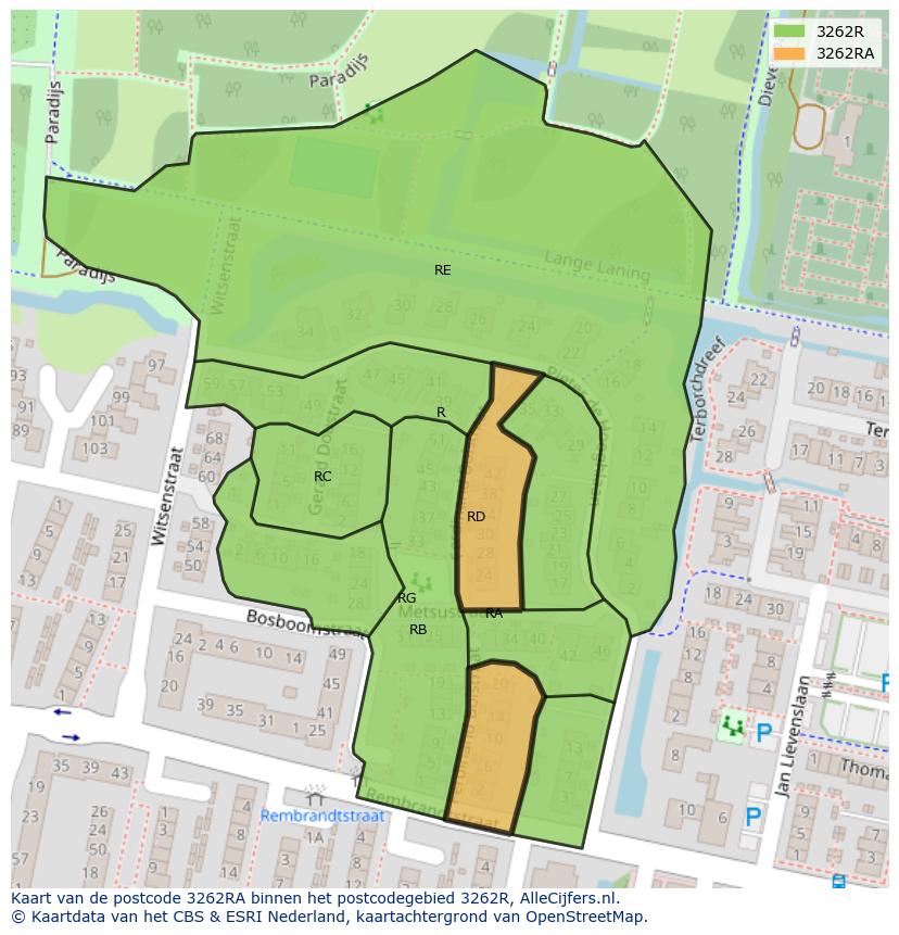 Afbeelding van het postcodegebied 3262 RA op de kaart.