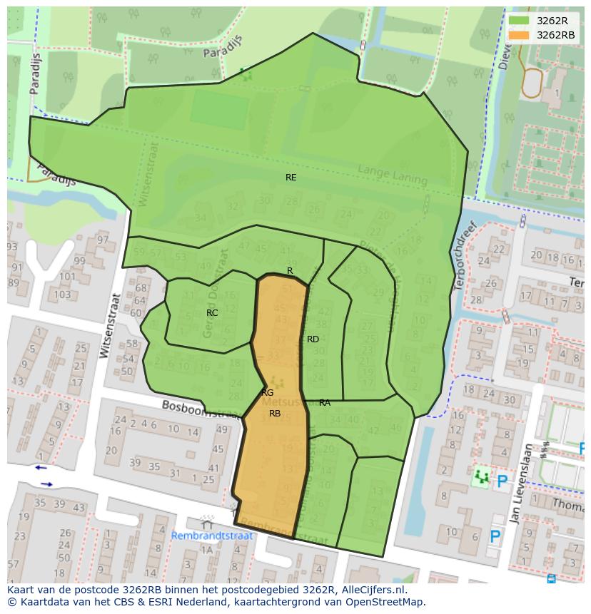 Afbeelding van het postcodegebied 3262 RB op de kaart.