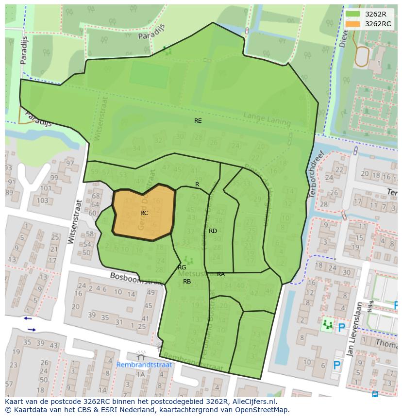 Afbeelding van het postcodegebied 3262 RC op de kaart.