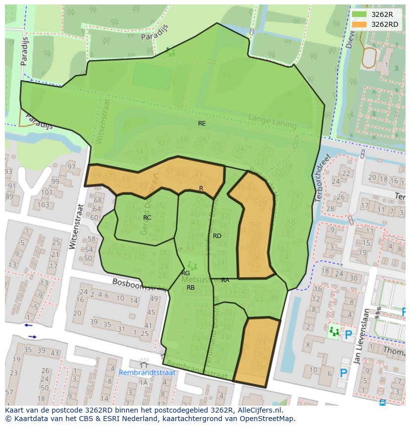 Afbeelding van het postcodegebied 3262 RD op de kaart.