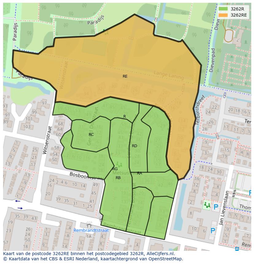 Afbeelding van het postcodegebied 3262 RE op de kaart.