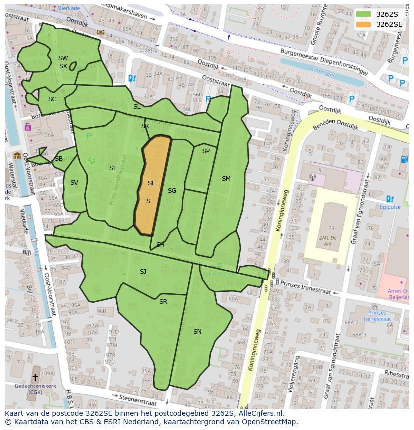 Afbeelding van het postcodegebied 3262 SE op de kaart.