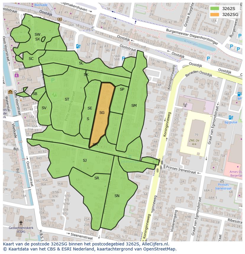 Afbeelding van het postcodegebied 3262 SG op de kaart.