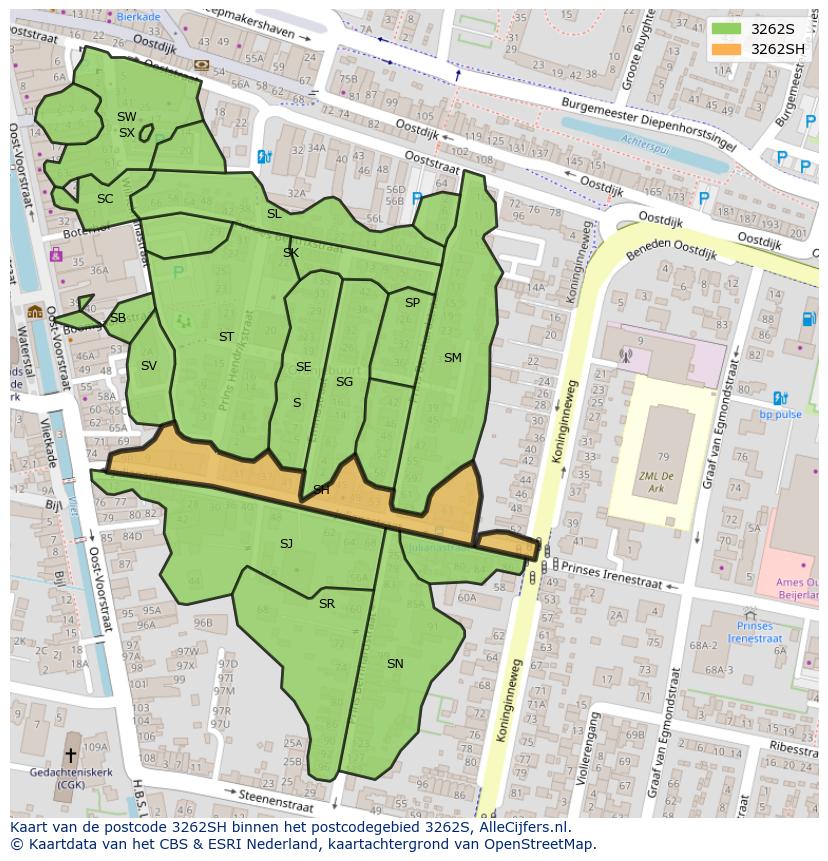 Afbeelding van het postcodegebied 3262 SH op de kaart.