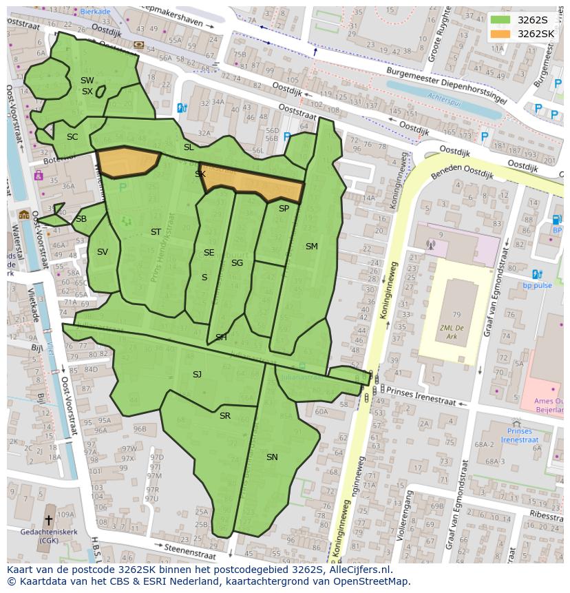 Afbeelding van het postcodegebied 3262 SK op de kaart.