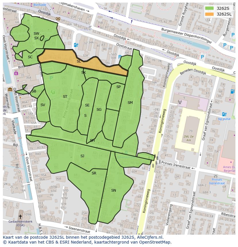 Afbeelding van het postcodegebied 3262 SL op de kaart.