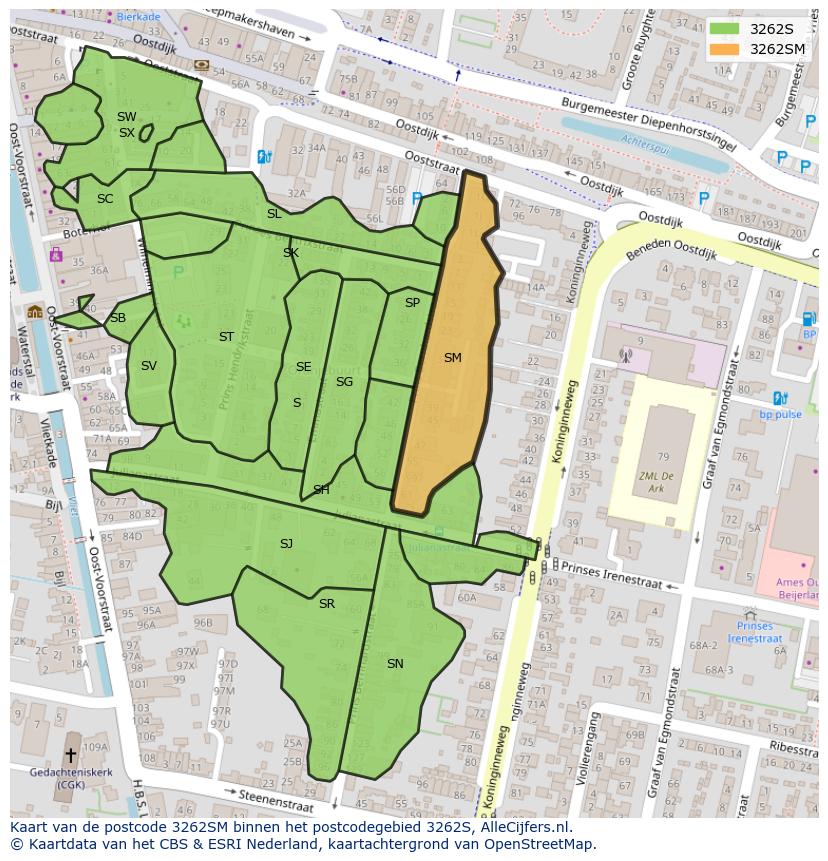 Afbeelding van het postcodegebied 3262 SM op de kaart.