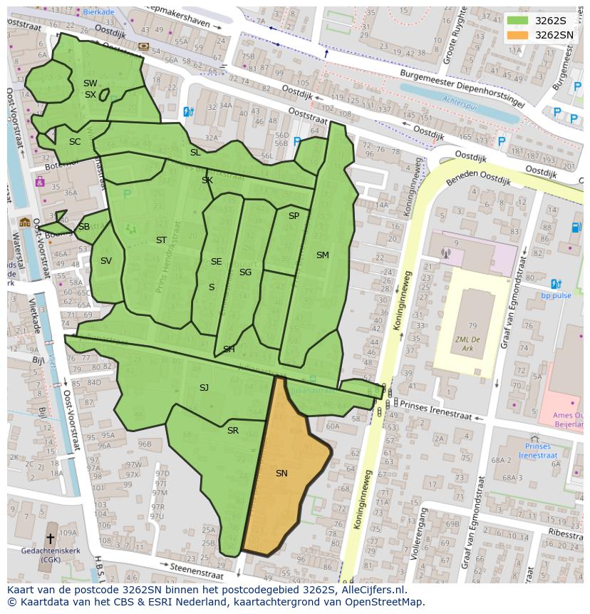 Afbeelding van het postcodegebied 3262 SN op de kaart.