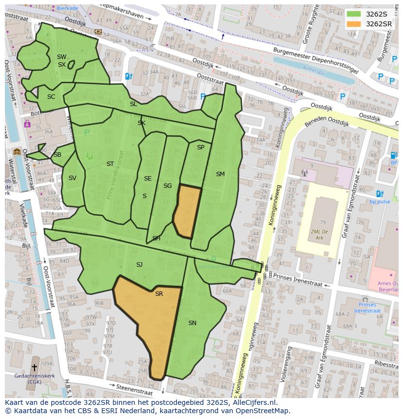 Afbeelding van het postcodegebied 3262 SR op de kaart.