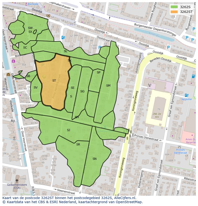 Afbeelding van het postcodegebied 3262 ST op de kaart.