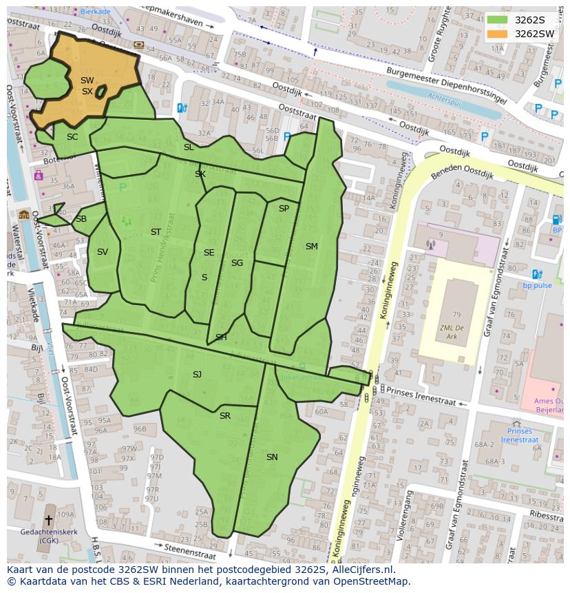 Afbeelding van het postcodegebied 3262 SW op de kaart.