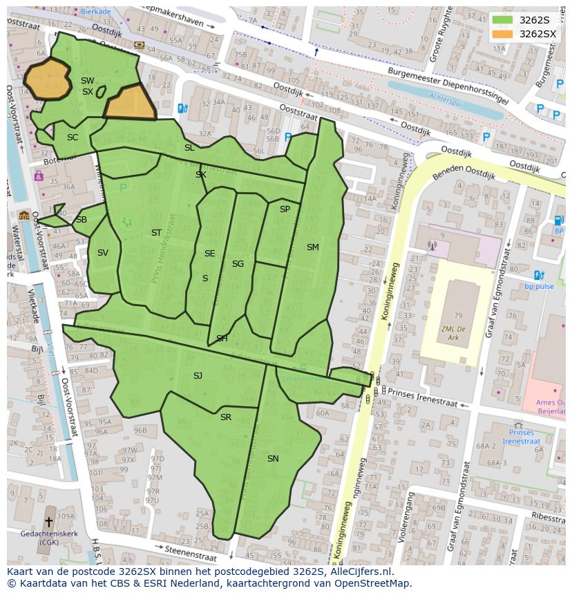 Afbeelding van het postcodegebied 3262 SX op de kaart.