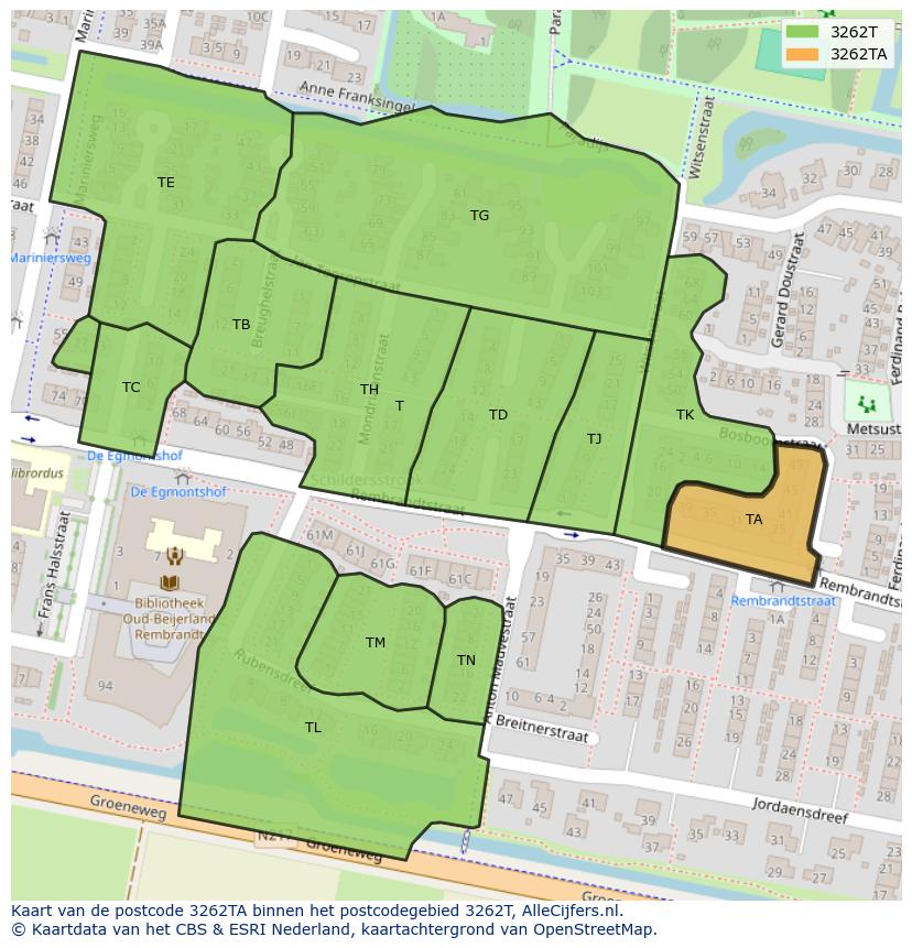 Afbeelding van het postcodegebied 3262 TA op de kaart.
