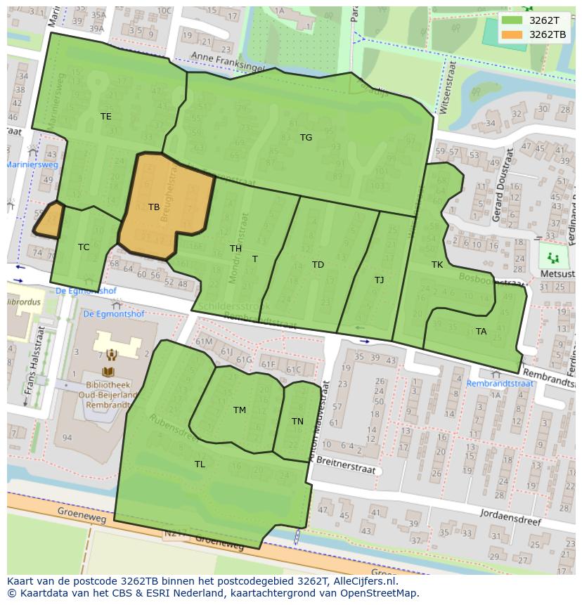 Afbeelding van het postcodegebied 3262 TB op de kaart.