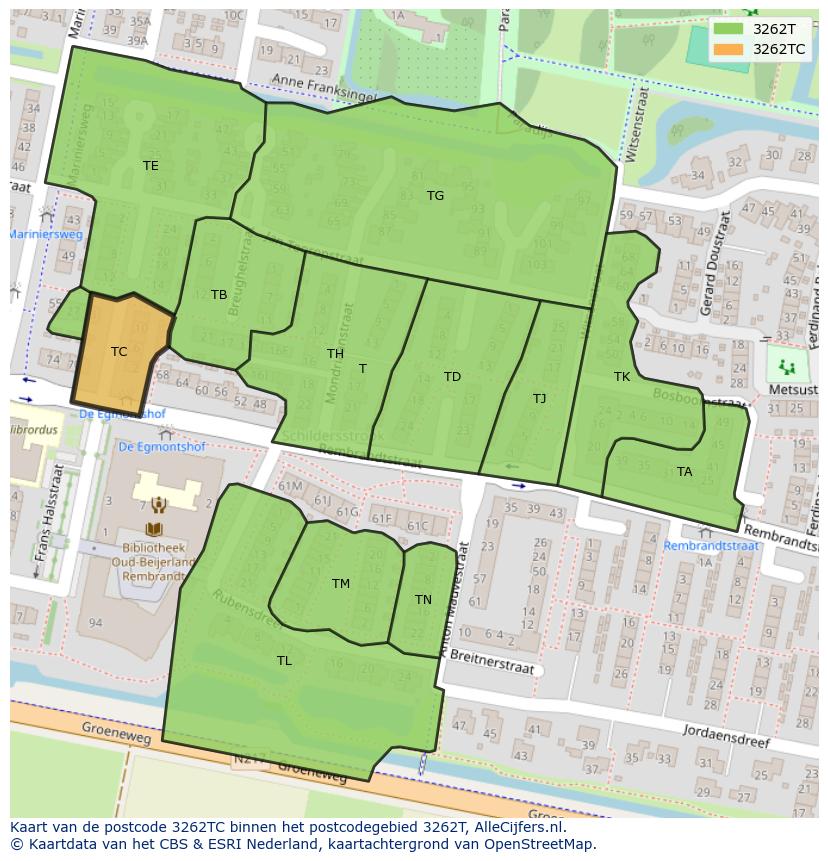 Afbeelding van het postcodegebied 3262 TC op de kaart.