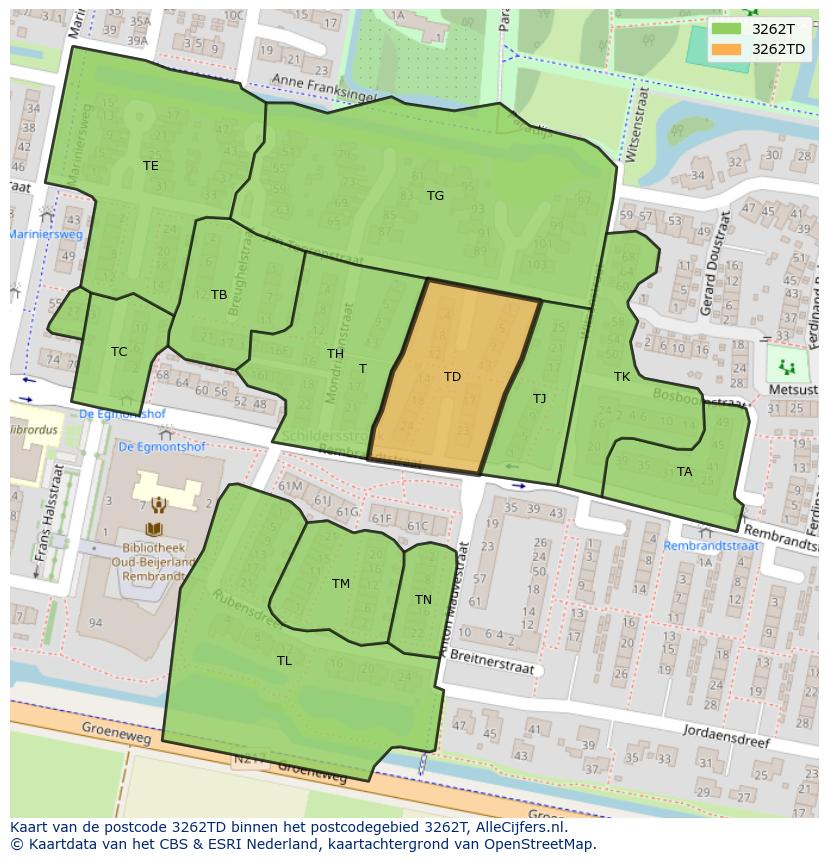 Afbeelding van het postcodegebied 3262 TD op de kaart.