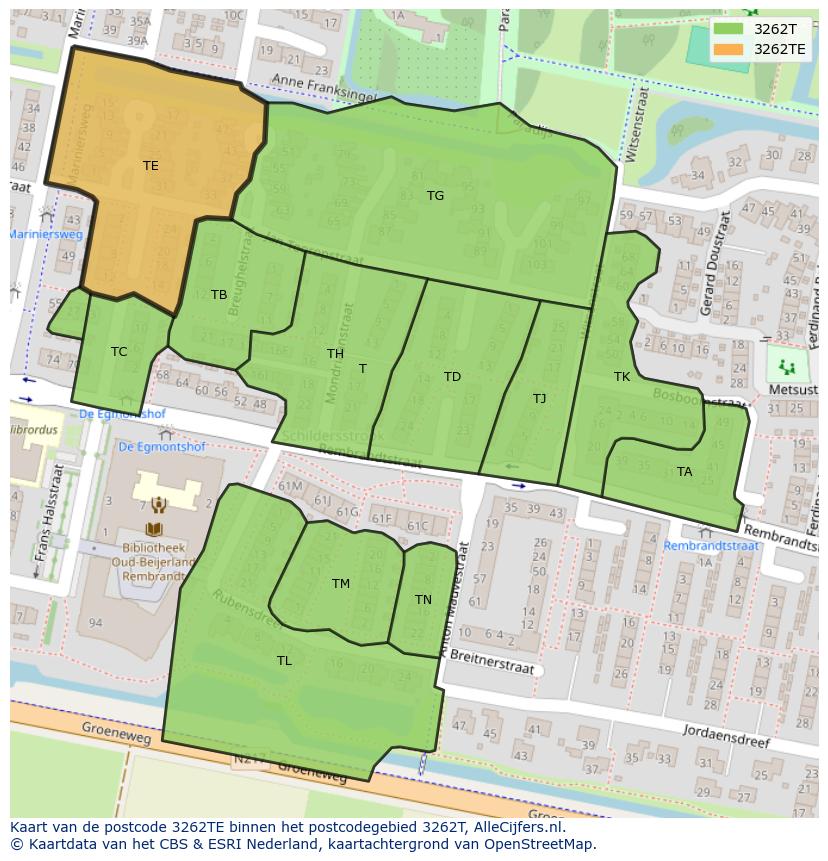 Afbeelding van het postcodegebied 3262 TE op de kaart.