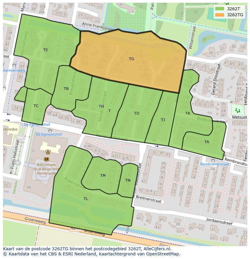 Afbeelding van het postcodegebied 3262 TG op de kaart.