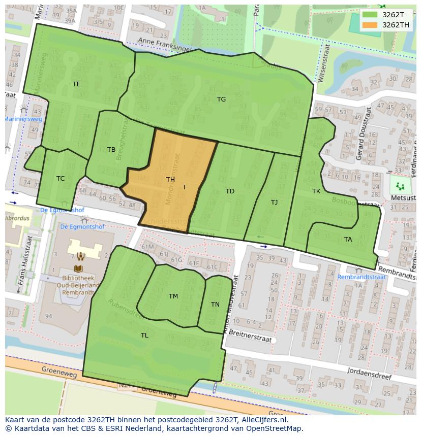 Afbeelding van het postcodegebied 3262 TH op de kaart.