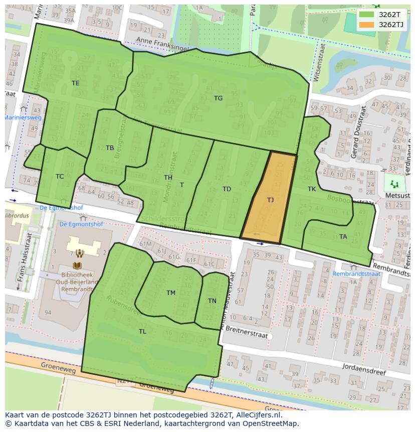 Afbeelding van het postcodegebied 3262 TJ op de kaart.