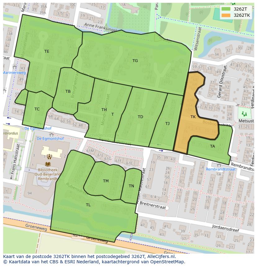 Afbeelding van het postcodegebied 3262 TK op de kaart.
