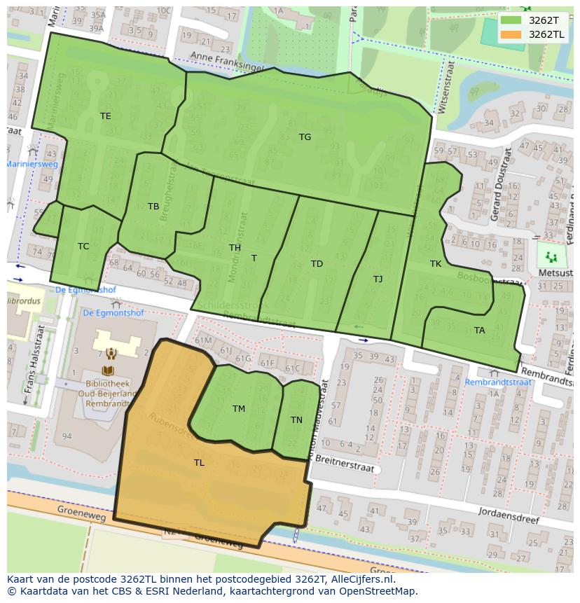 Afbeelding van het postcodegebied 3262 TL op de kaart.